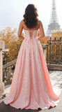 Jacquard Satin Prom Dresses with Slit Strapless Corset A Line Long Formal Gowns