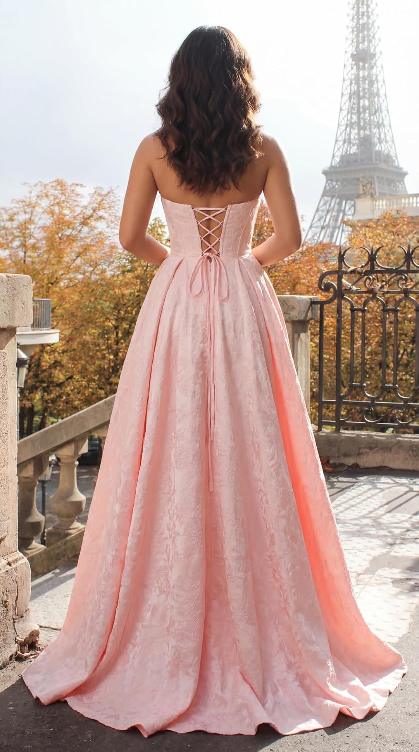 Jacquard Satin Prom Dresses with Slit Strapless Corset A Line Long Formal Evening Gowns