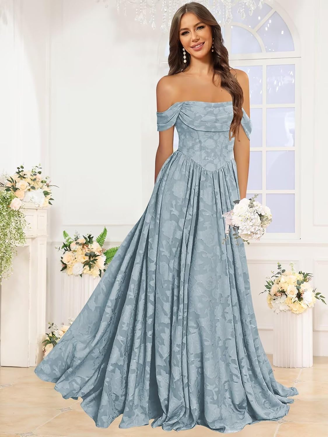 Jacquard Chiffon Bridesmaid Dresses Long Off The Shoulder Formal Evening Dress for Women