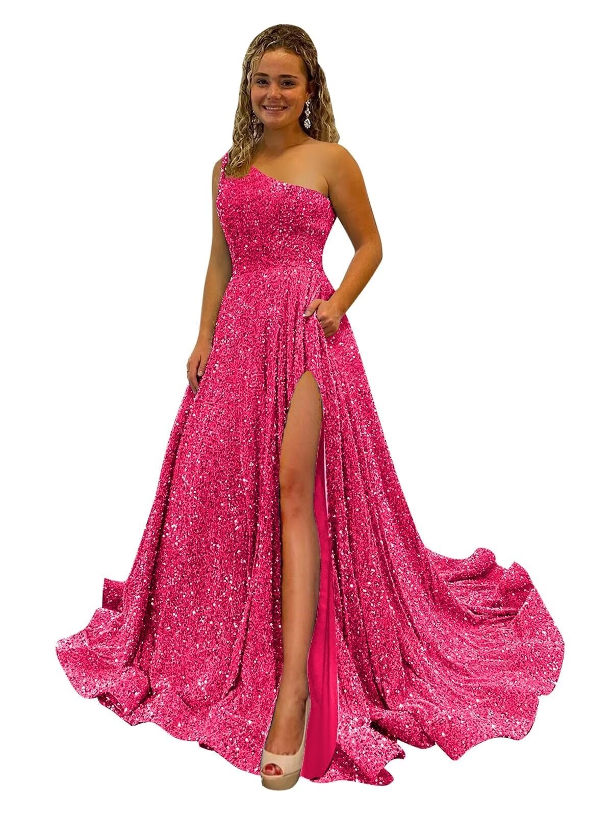 One Shoulder Sequin Prom Dresses for Women Long Sparkly A-Line Slit Formal Evening Party Ball Gowns with Pockets