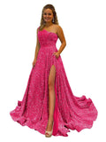 One Shoulder Sequin Prom Dresses for Women Long Sparkly A-Line Slit Formal Evening Party Ball Gowns with Pockets