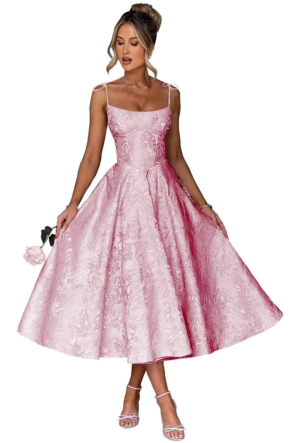Jacquard Floral Satin Prom Dresses for Women 2026 Spaghetti Straps A-Line Midi Formal Evening Party Gown with Pockets