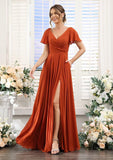 Damen Brautjungfernkleider mit Flatterärmeln, lang, mit Schlitz, V-Ausschnitt, Chiffon, formelle Kleider 