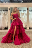 Strapless Tiered Tulle Prom Dresses for Women 2027 Long Sparkly A-Line Formal Evening Party Ball Gowns with Slit