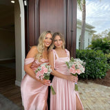 Satin Bridesmaid Dresses with Slit Spaghetti Straps Square Neck Long Formal Evening Dress