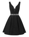 Satin Glitter Homecoming Dresses for Teens Short Prom Dress V-Neck Beaded Evening Formal Cocktail Party Gowns