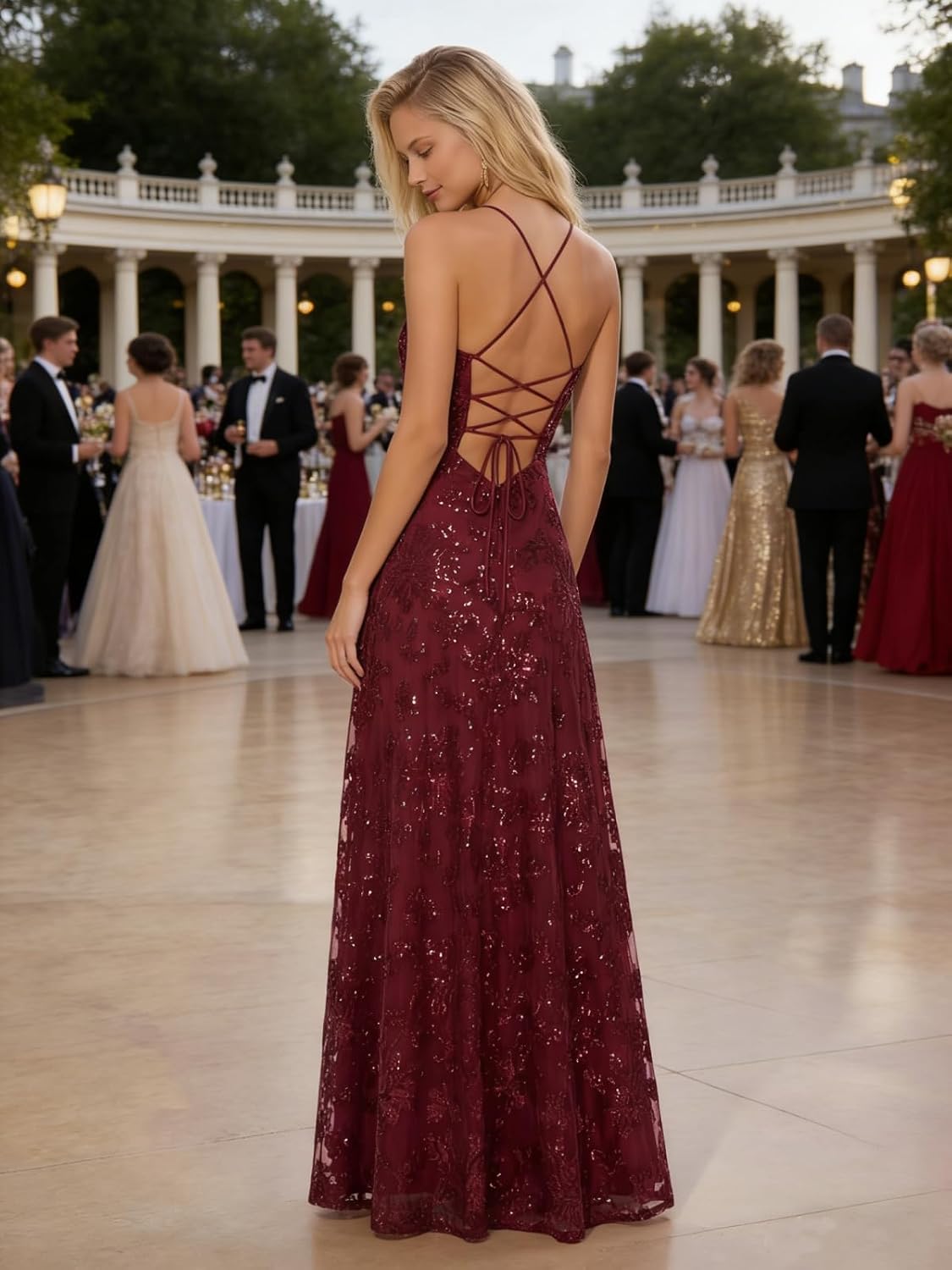 Lace Sequin Prom Dresses Spaghetti Straps A-Line Cowl Neck Pleated Sparkly Long Formal Evening Party Gowns