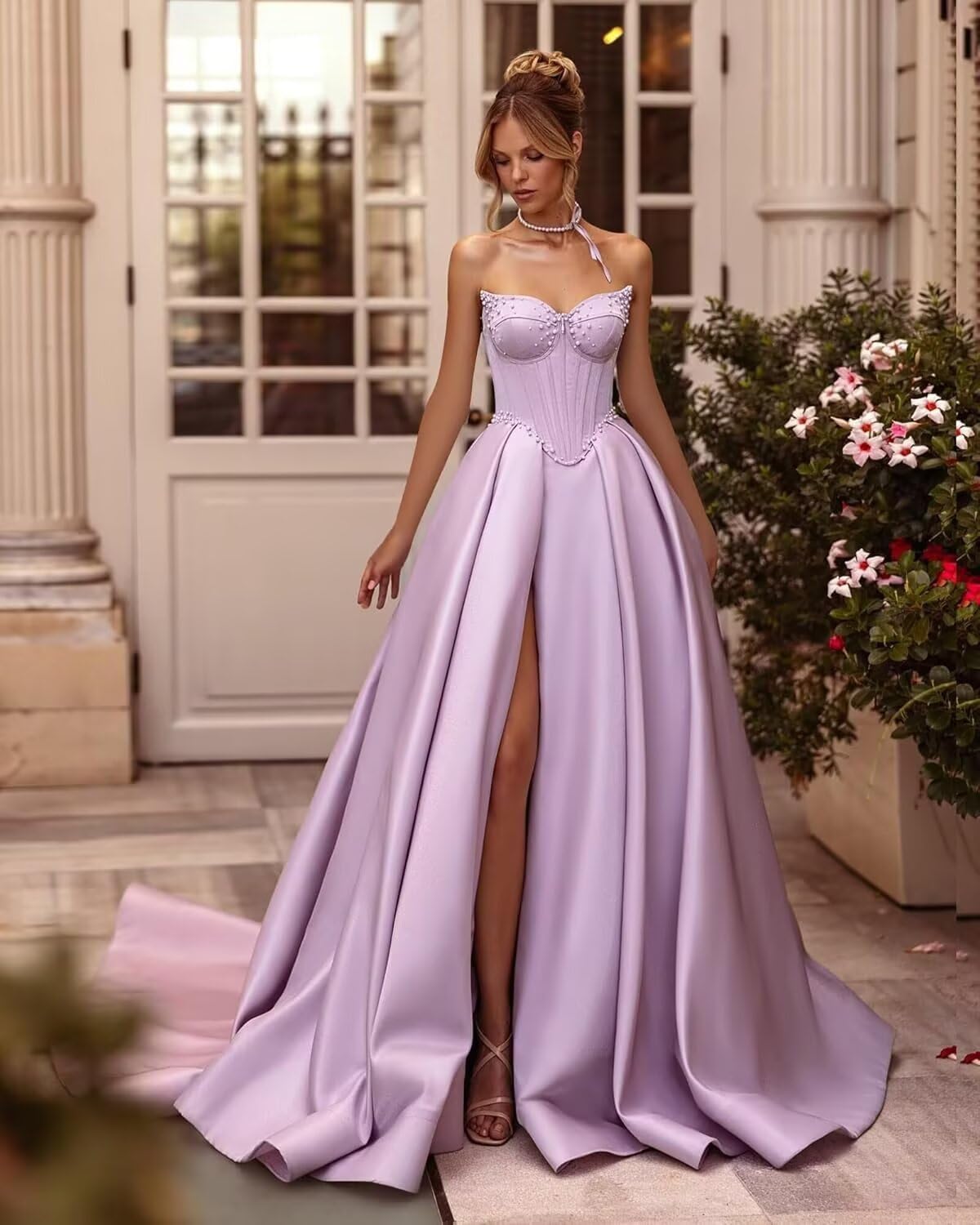 Kingbridal Gowns Strapless Prom Dresses for Women 2026 Long Satin A-line Formal Dress with Slit Beaded Corset Evening Party Gowns
