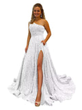 One Shoulder Sequin Prom Dresses for Women Long Sparkly A-Line Slit Formal Evening Party Ball Gowns with Pockets