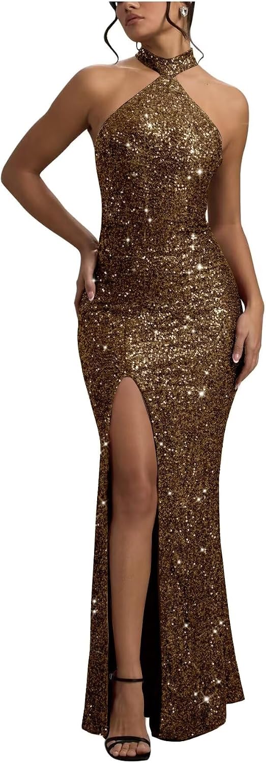 Sequin Mermaid Prom Dresses for Women Long Sparkly Halter-Neck Tight Backless Formal Evening Party Gowns with Slit