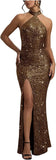 Sequin Mermaid Prom Dresses for Women Long Sparkly Halter-Neck Tight Backless Formal Evening Party Gowns with Slit