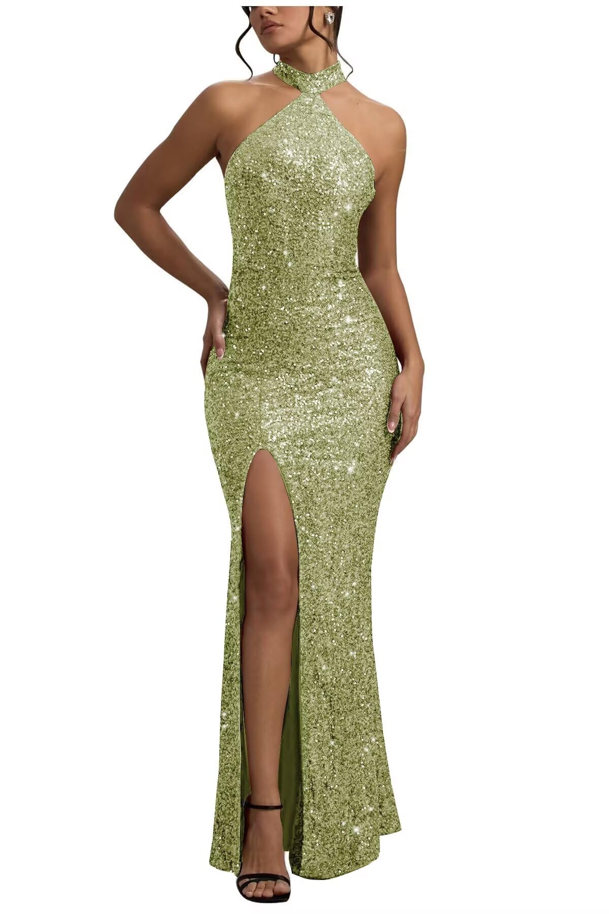 Sequin Mermaid Prom Dresses for Women Long Sparkly Halter-Neck Tight Backless Formal Evening Party Gowns with Slit