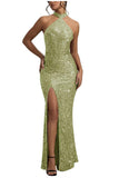Sequin Mermaid Prom Dresses for Women Long Sparkly Halter-Neck Tight Backless Formal Evening Party Gowns with Slit