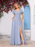Flutter Sleeves Split Bridesmaid Dresses with Slit Long V Neck Empire Waist Formal Dress for Women Wedding