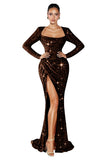 Mermaid Sequin Prom Dresses for Women 2026 Long Sleeve Ruched Formal Dress with Slit Sparkly Evening Party Gowns