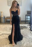 Women's Lace Mermaid Prom Dresses Long with Slit Mermaid Spaghetti Straps Backless Formal Evening Gowns