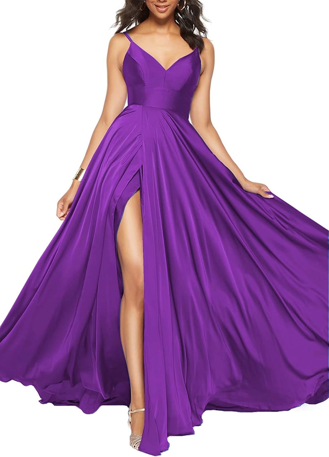 Satin Bridesmaid Dresses for Women Spaghetti Straps Wedding Guest Dress Long V Neck Formal Gown with Slit