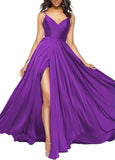 Satin Bridesmaid Dresses for Women Spaghetti Straps Wedding Guest Dress Long V Neck Formal Gown with Slit