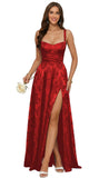 Jacquard Satin Prom Dresses with Slit Spaghetti Straps A Line Maxi Long Formal Dress