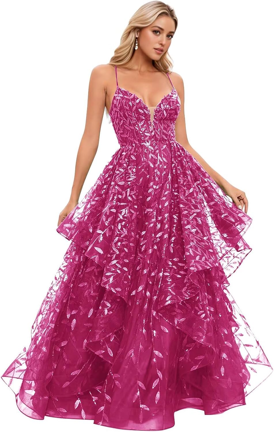Spaghetti Strap Prom Dresses for Women V Neck Sparkly Sequin Tulle Tiered Ball Gown Long Formal Evening Dress
