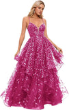 Spaghetti Strap Prom Dresses for Women V Neck Sparkly Sequin Tulle Tiered Ball Gown Long Formal Evening Dress