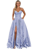Strapless Jacquard Satin Prom Dresses for Women Corset A Line Long Formal Evening Party Gowns with Slit