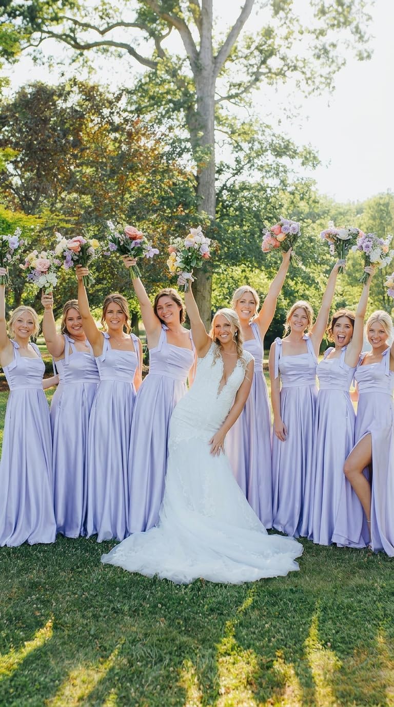 Satin Bridesmaid Dresses with Slit Spaghetti Straps Square Neck Long Formal Dress