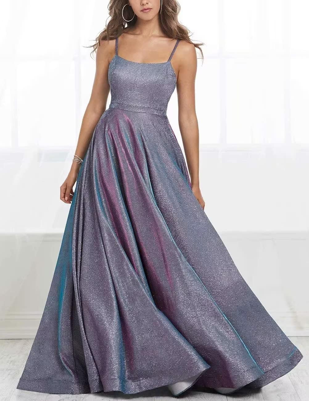 Women's Glitter Prom Dresses Long Ball Gown Spaghetti Straps Neck Formal Evening Party Dress for Teens