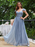 Cap Sleeve Bridesmaid Dresses for Women Long V Neck Ruffled Split Glittery Long Formal Evening Dress with Pocket