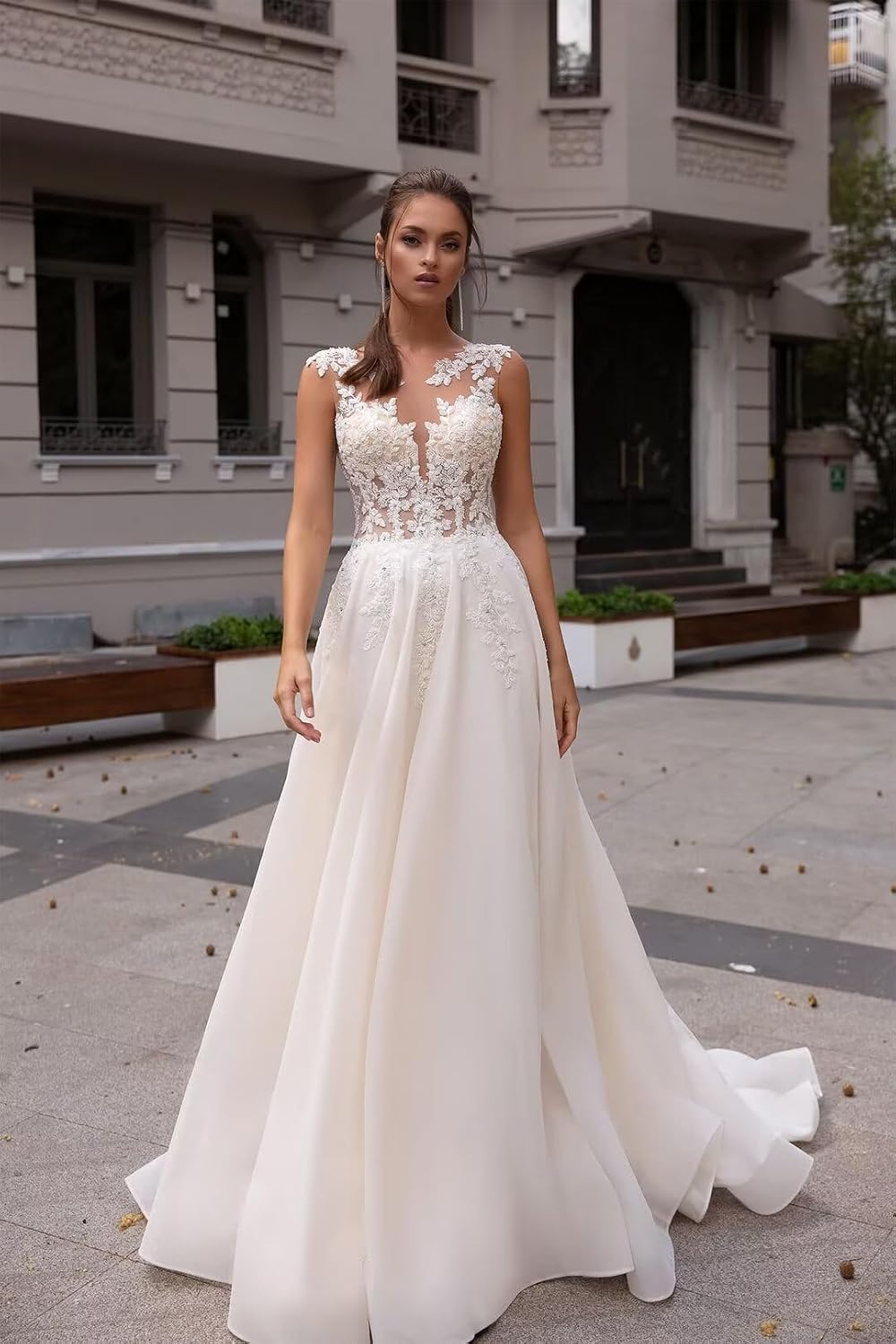 Kingbridal Gowns Lace Appliques Wedding Dresses for Bride Long V Neck Tulle Chiffon A-line Sleeveless Bridal Ball Gown for Women