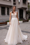 Kingbridal Gowns Lace Appliques Wedding Dresses for Bride Long V Neck Tulle Chiffon A-line Sleeveless Bridal Ball Gown for Women