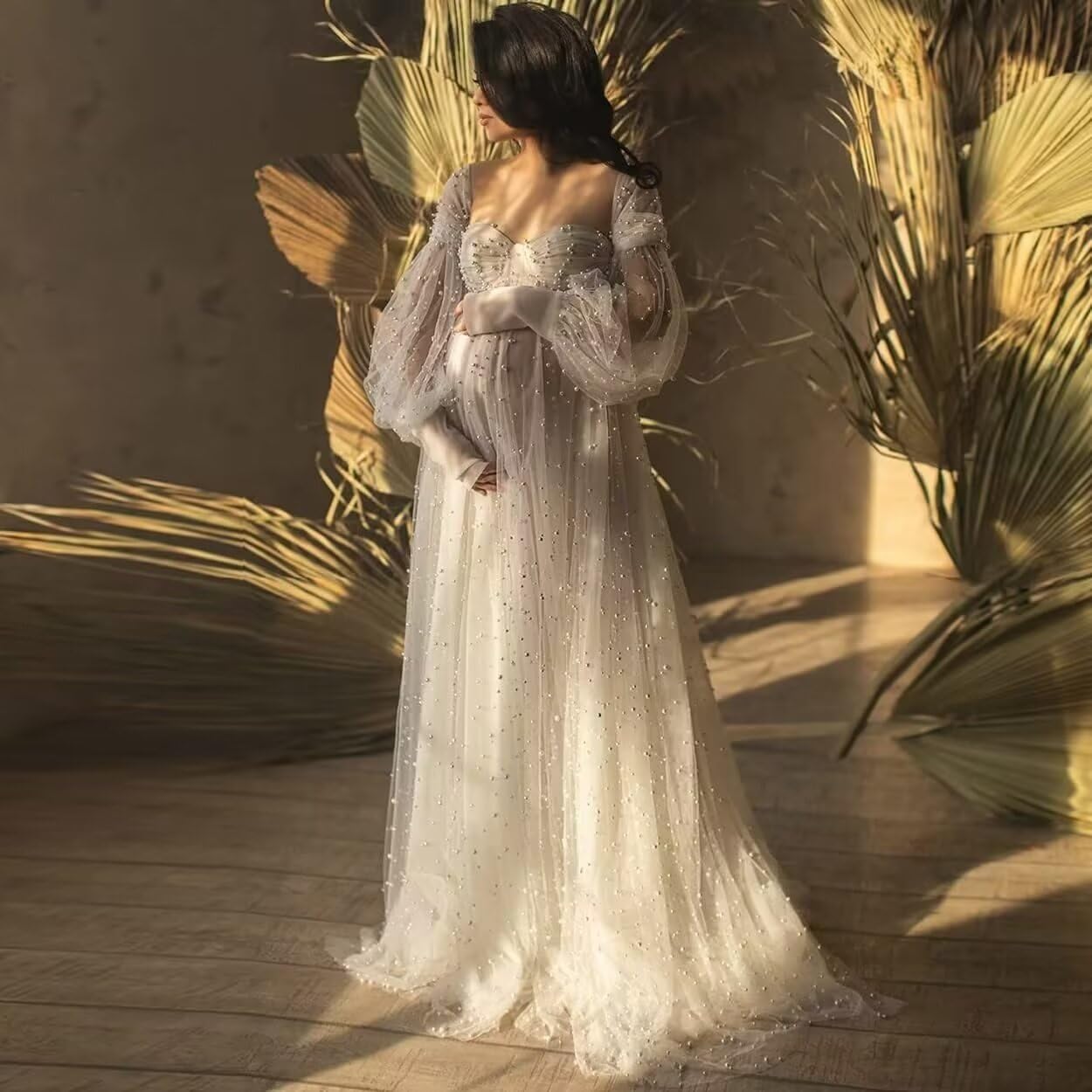 Kingbridal Pearl Tulle Maternity Dress for Photoshoot Long Puffy Sleeve Pregnancy Gown