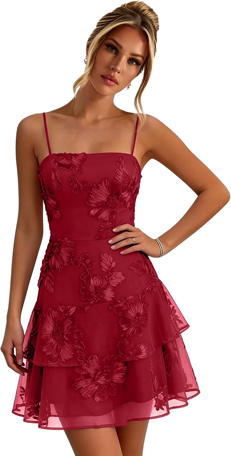Floral Tiered Homecoming Dresses Mini Ruffle Graduation Dress Lace Short Prom Party Gown for Teens