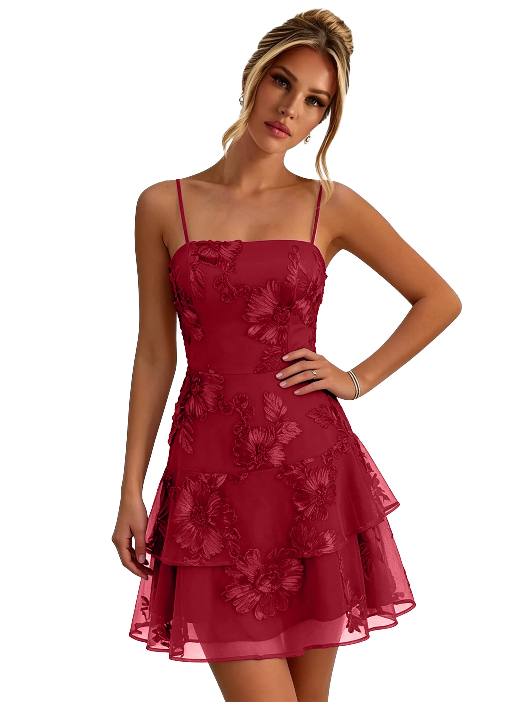 Floral Tiered Homecoming Dresses Mini Ruffle Graduation Dress Lace Short Prom Party Gown for Teens