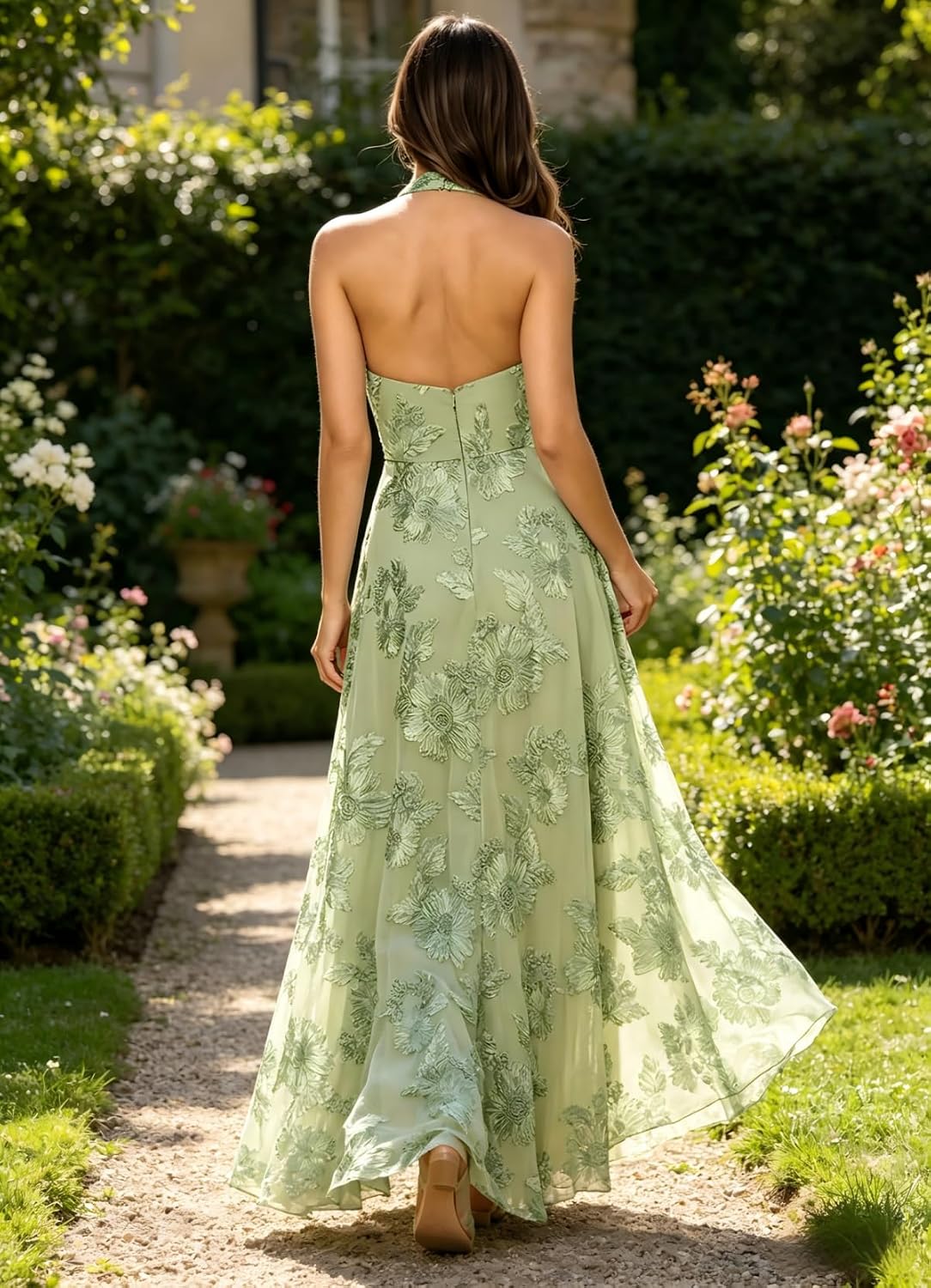 Jacquard Floral Lace Bridesmaid Dresses for Women Long A-Line Open Back Halter Formal Gown
