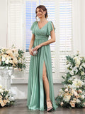 V Neck Flutter Sleeves Bridesmaid Dresses with Slit 2025 Chiffon Aline Pleats Formal Evening Gowns for Women