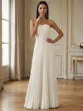 Strapless Prom Dresses for Women Long A Line Cocktail Dress Pleated Chiffon Formal Wedding Guest Dress