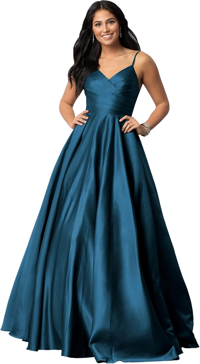 Spaghetti Straps Satin Prom Dresses for Women Long with Pockets Pleated Formal Evening Gowns