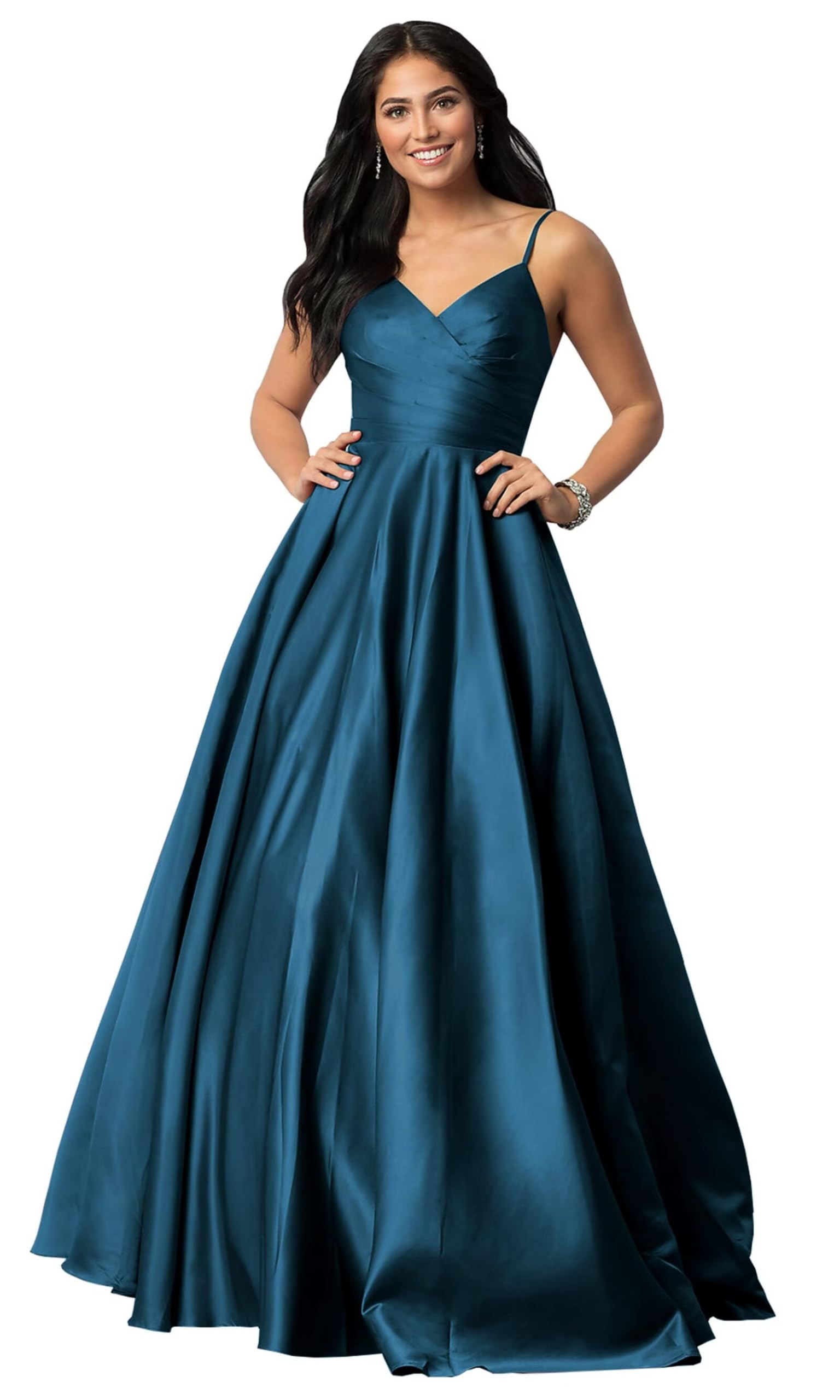 Spaghetti Straps Satin Prom Dresses for Women Long with Pockets Pleated Formal Evening Gowns Ball Gown