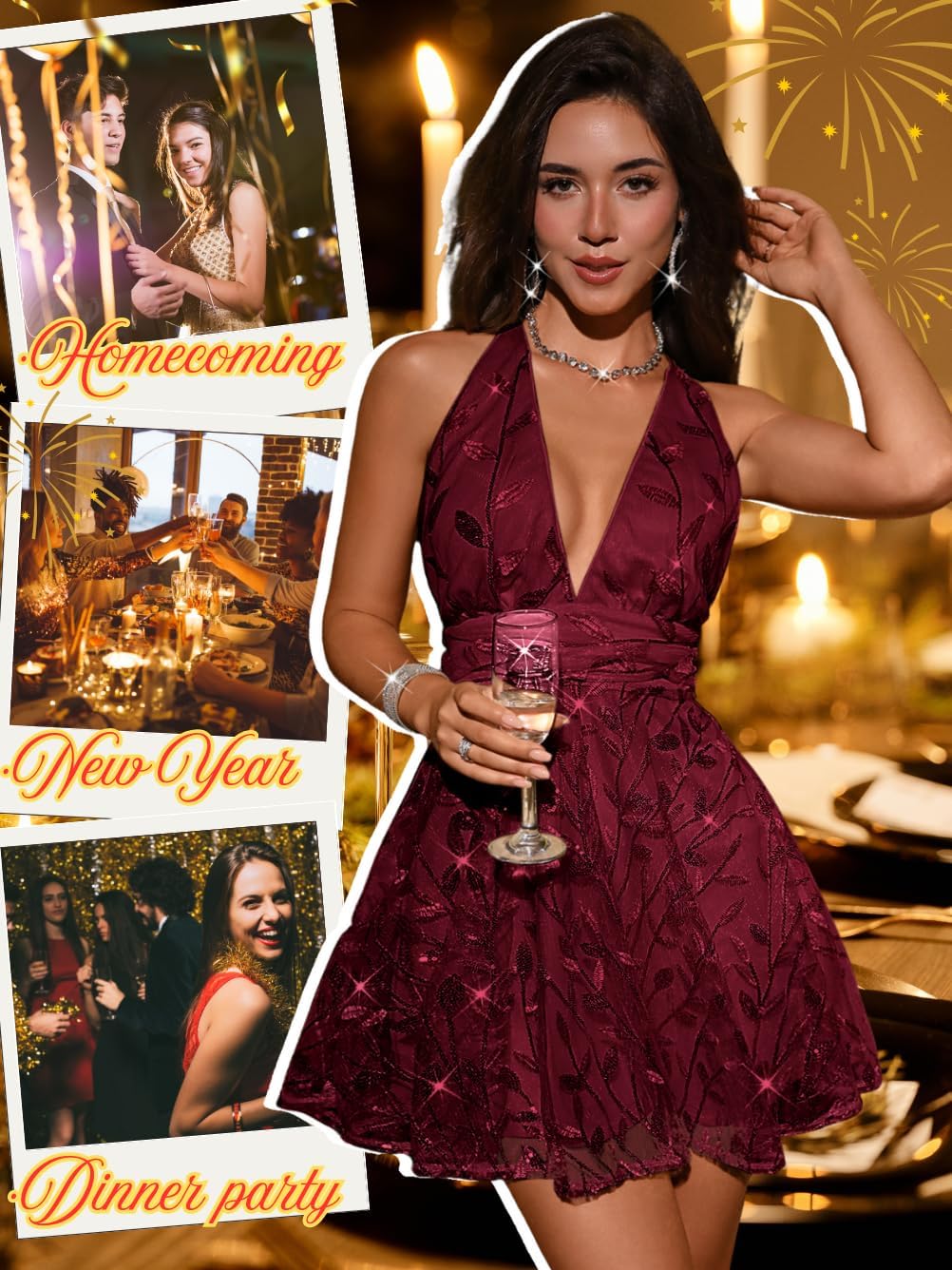Floral Sequin Dress,Deep V Backless Sexy Mini Dresses for Women,Sparkly Outfits Homecoming Party Gowns