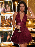 Floral Sequin Dress,Deep V Backless Sexy Mini Dresses for Women,Sparkly Outfits Homecoming Party Gowns