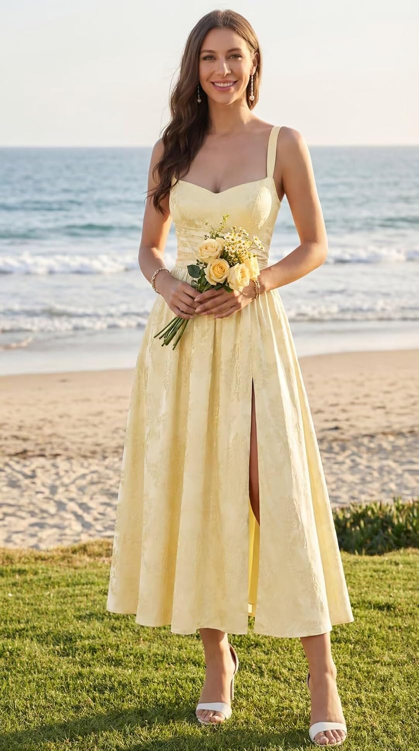Jacquard Satin Bridesmaid Dresses for Women Spaghetti Straps A Line Tea Length Formal Dress