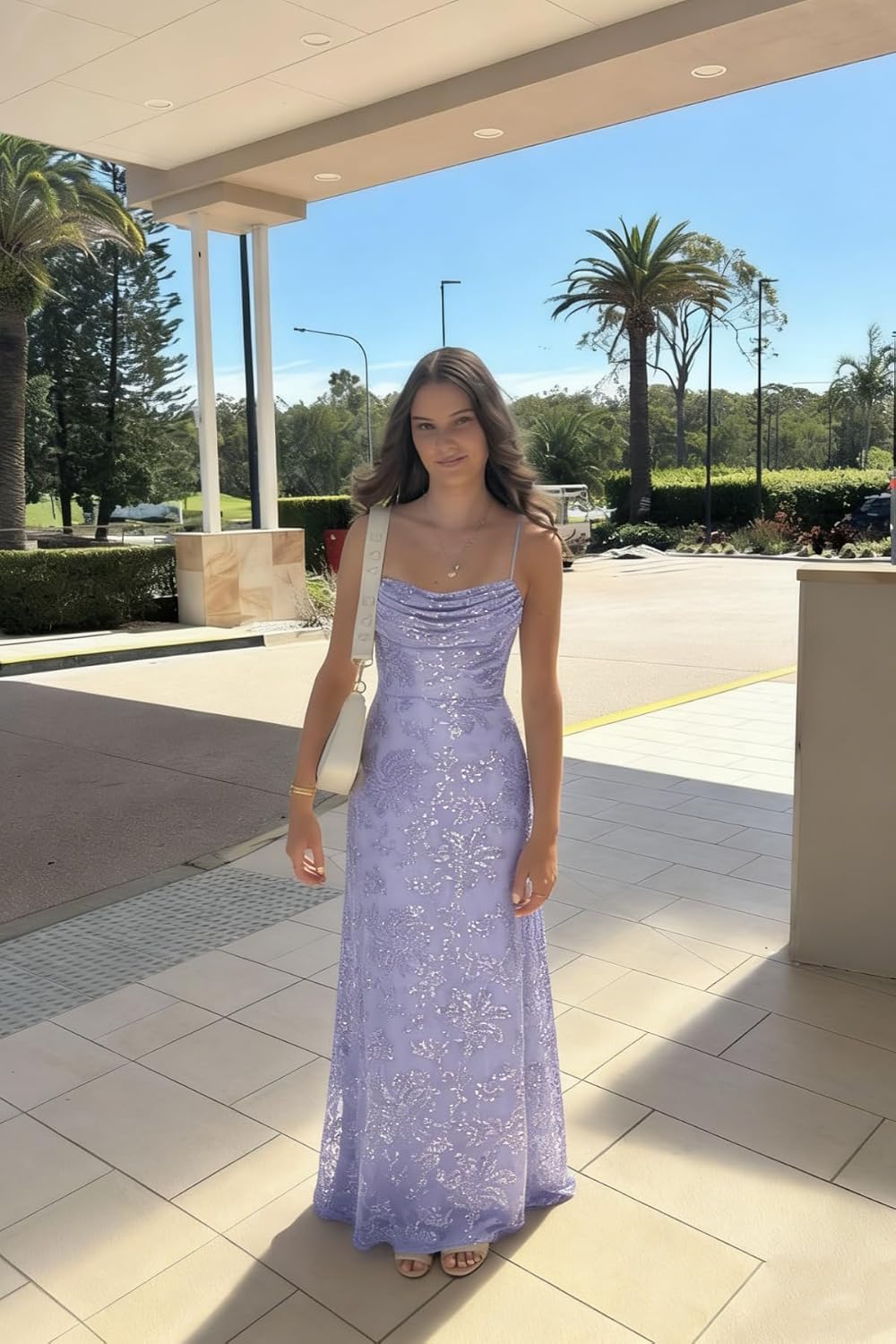 Lace Sequin Prom Dresses Spaghetti Straps A-Line Cowl Neck Pleated Sparkly Long Formal Evening Party Gowns