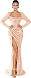 Mermaid Sequin Prom Dresses for Women 2026 Long Sleeve Ruched Formal Dress with Slit Sparkly Evening Party Gowns