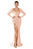 Mermaid Sequin Prom Dresses for Women 2026 Long Sleeve Ruched Formal Dress with Slit Sparkly Evening Party Gowns