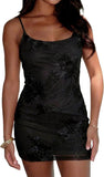 Summer Women's Floral Embroidered Mini Dress Spaghetti Strap Mesh Bodycon Formal Cocktail Dresses in Wine Red/Black/Apricot