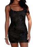 Summer Women's Floral Embroidered Mini Dress Spaghetti Strap Mesh Bodycon Formal Cocktail Dresses in Wine Red/Black/Apricot