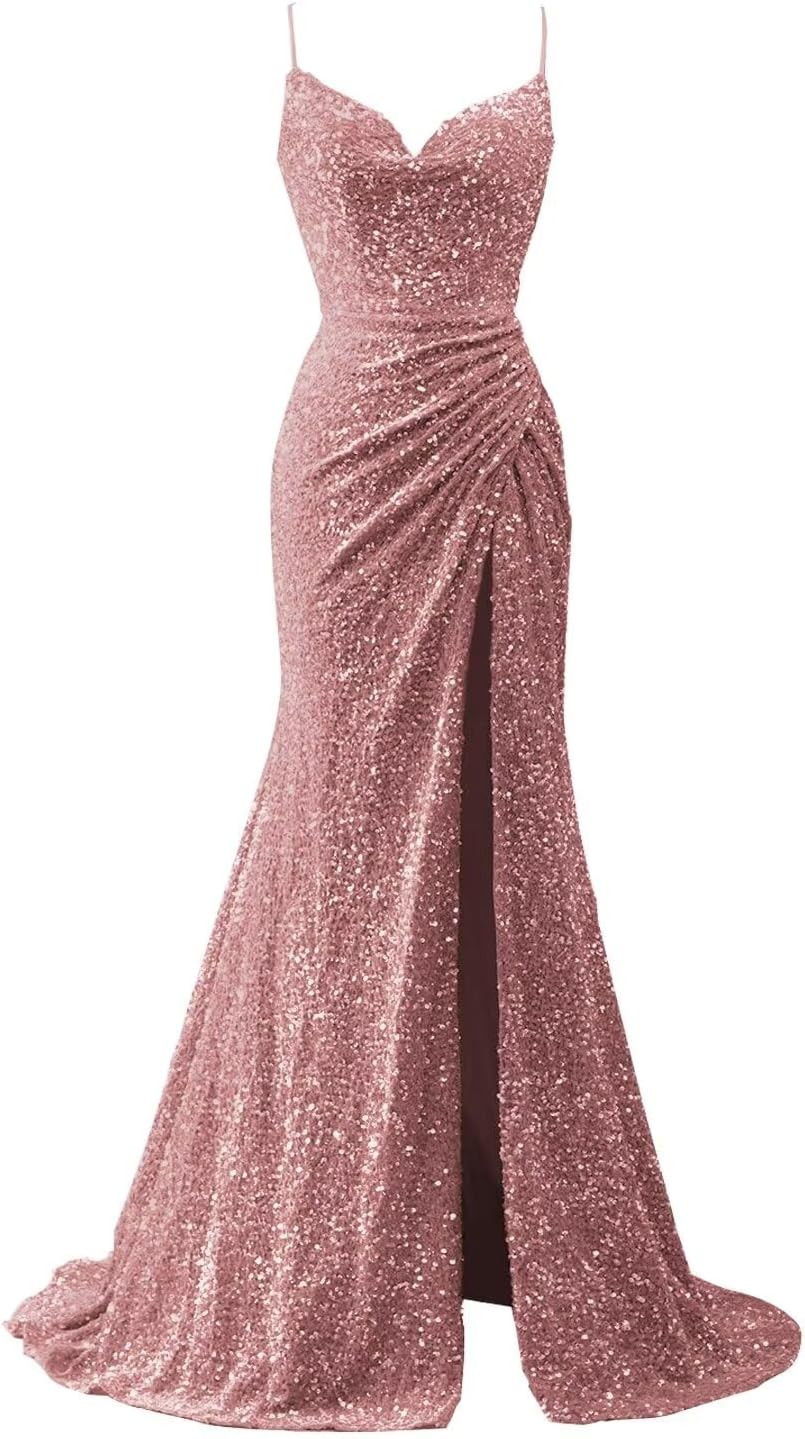 Spaghetti Straps Sequin Prom Dresses for Women 2027 Mermaid Ruched Formal Dress with Slit Sparkly Evening Party Gown