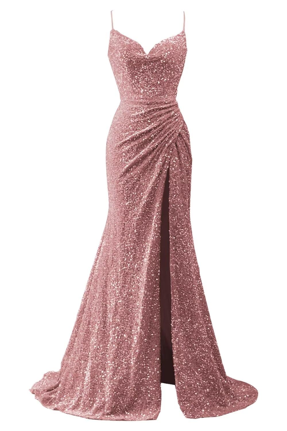 Spaghetti Straps Sequin Prom Dresses for Women 2027 Mermaid Ruched Formal Dress with Slit Sparkly Evening Party Gown
