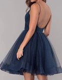 Short Homecoming Dresses Spaghetti Straps V Neck Glitter Tulle Ball Gown Short Prom Graduation Dress for Juniors